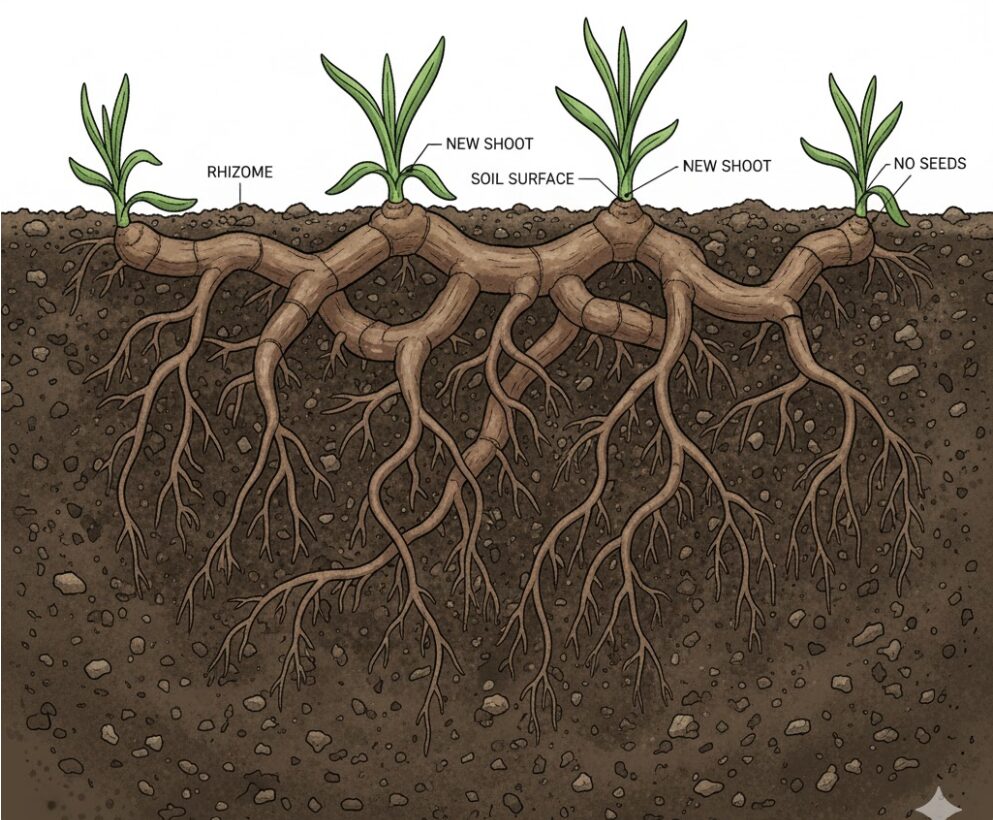 シャガ 増えすぎ2　土の中で網の目のように横へ広がり節から新芽を出すシャガの太い地下茎（根茎）の構造