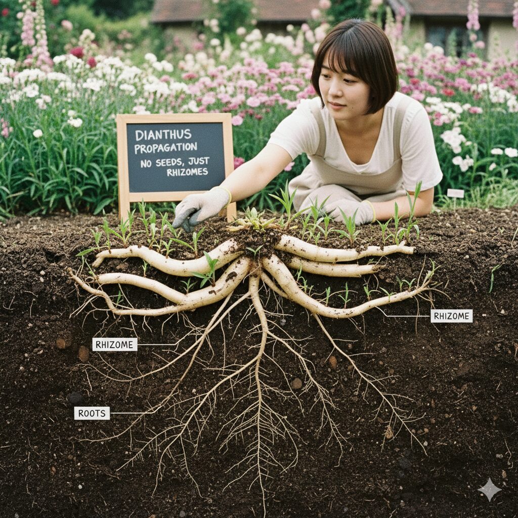 シャガ 増えすぎ3　庭の境界フェンスやブロック塀の下をくぐり抜けて隣地へ侵入するシャガの地下茎（ガーデン・エスケープ）