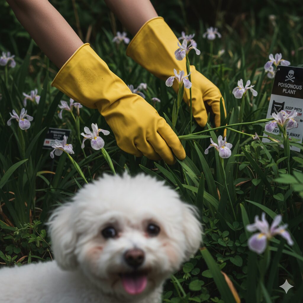 シャガ 増えすぎ4　毒性成分を含むシャガの葉に近づくペットの犬と誤食事故への注意喚起