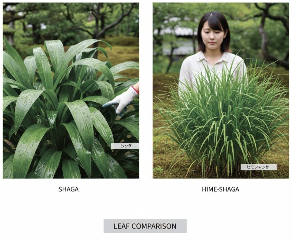 シャガ 増えすぎ5　大型の常緑性シャガと小型で落葉性のヒメシャガの大きさや葉の形状の比較写真