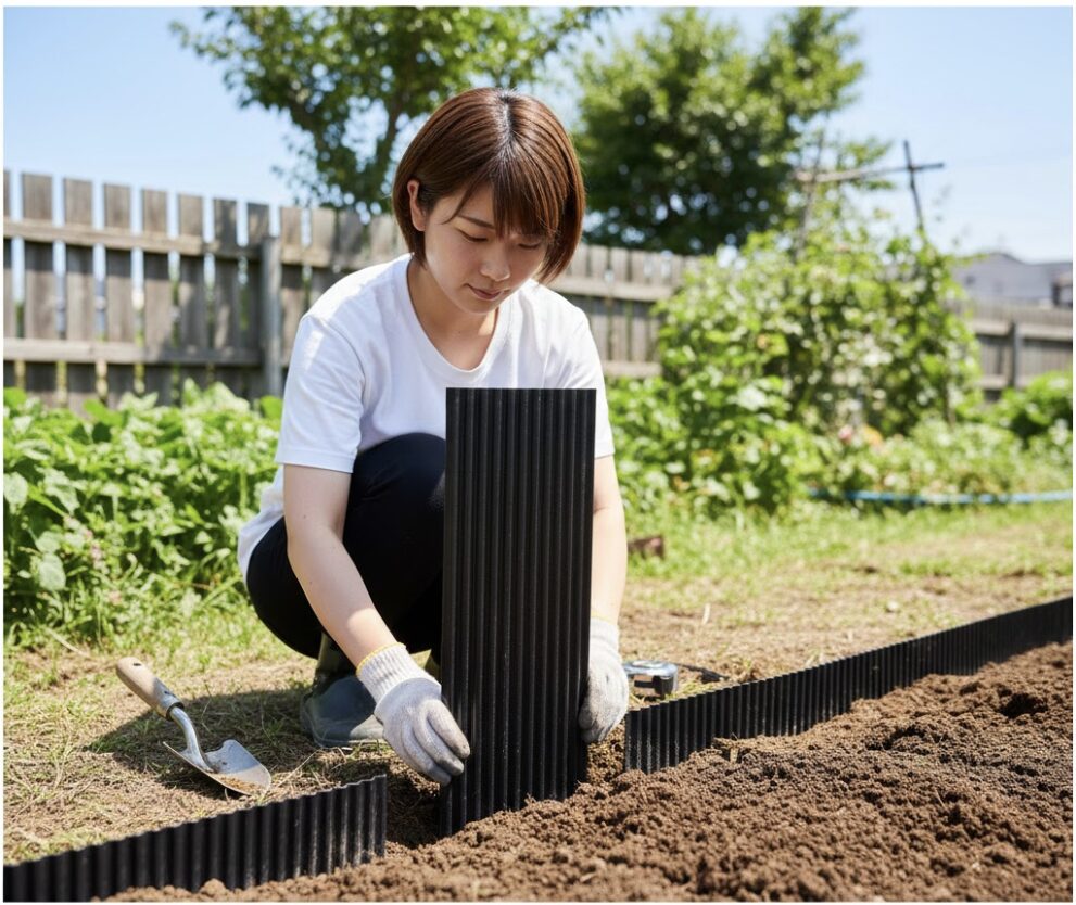 シャガ 増えすぎ6　シャガの地下茎侵入を防ぐために庭の土中に埋設施工されるプラスチック製のアゼ板（根止めフェンス）