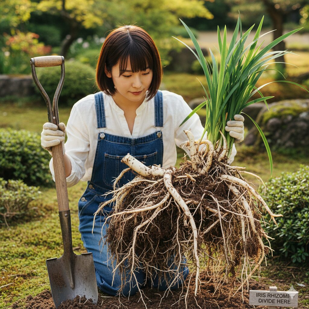 シャガ 増えすぎ7　スコップで土ごと掘り上げられたシャガの密集した地下茎と根の塊（マット状の根）