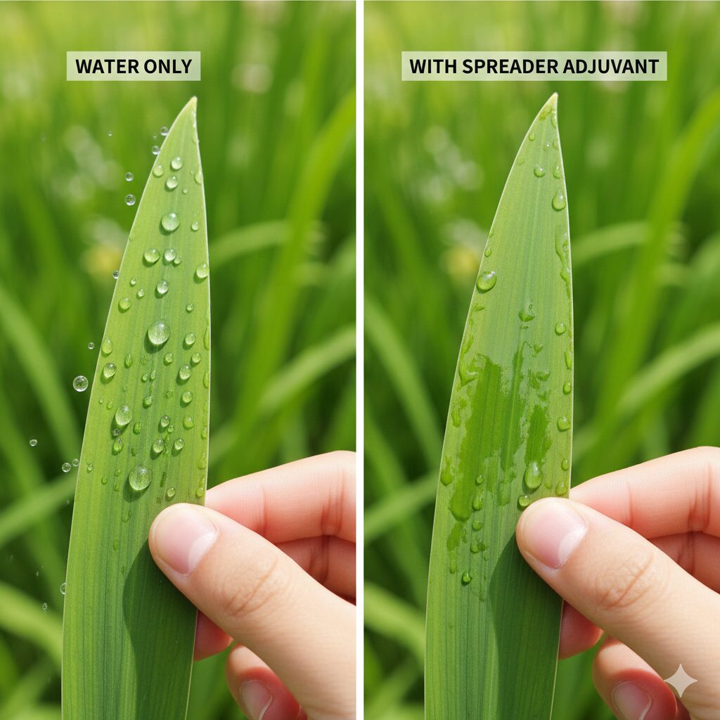 シャガ 増えすぎ9　展着剤を使用することで水を弾きやすいシャガの葉の表面に除草剤がしっかりと付着している様子