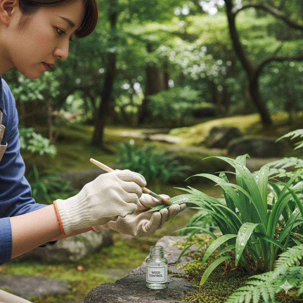 周囲への飛散を防ぐため、筆を使ってシャガの葉に直接除草剤を塗布する「筆塗り法」の様子。