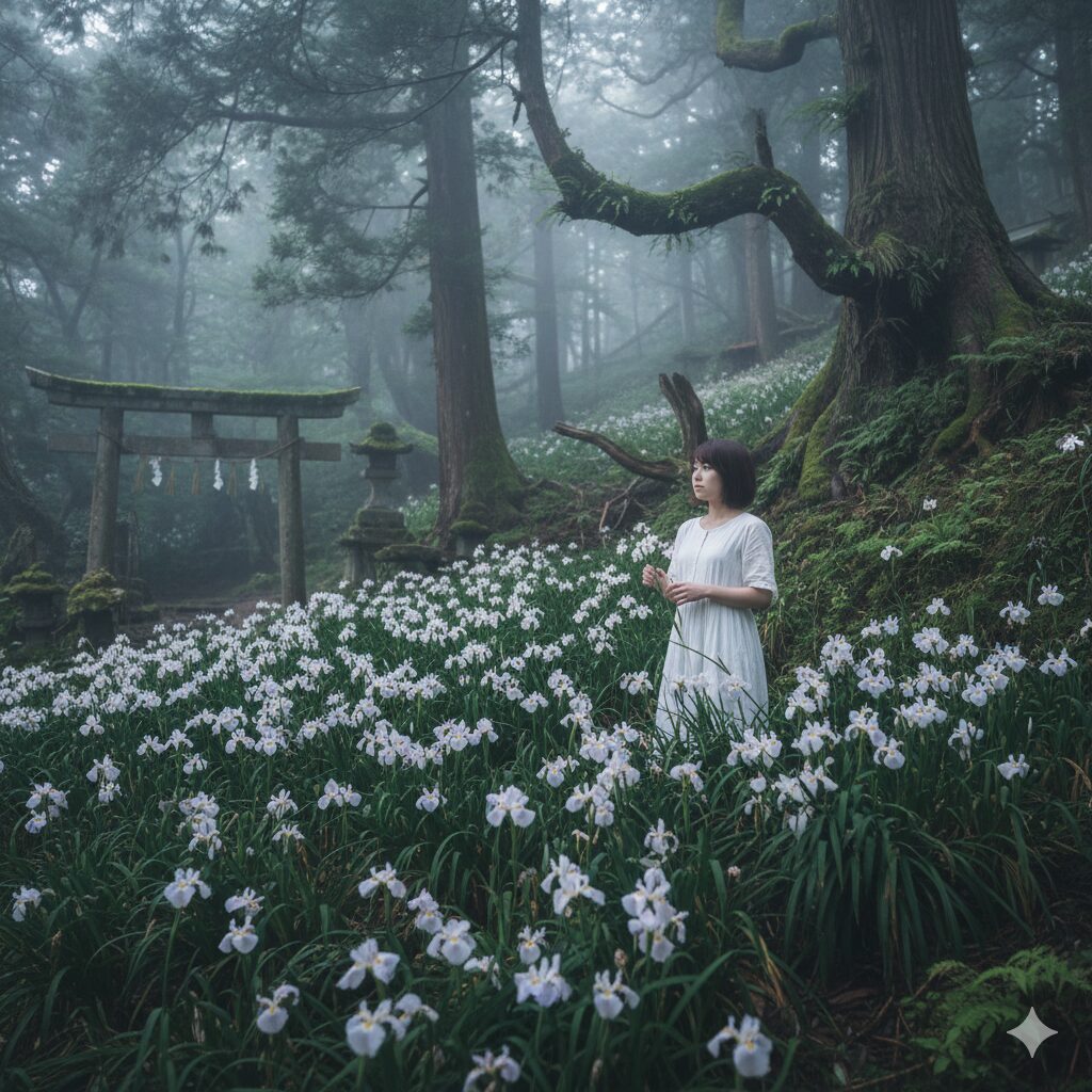 古い神社の裏手などの薄暗い日陰を覆い尽くすように密生して生えているシャガの群落。