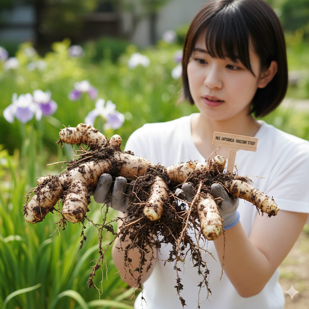 土から掘り出された、毒性成分を含むシャガの太い根茎（こんけい）の様子。