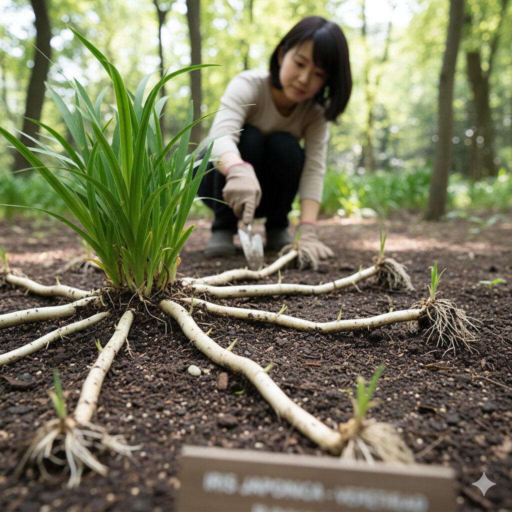 シャガ 怖い4　地表を這うように伸び、新しい芽を出して広がるシャガの強力な地下茎（ランナー）。
