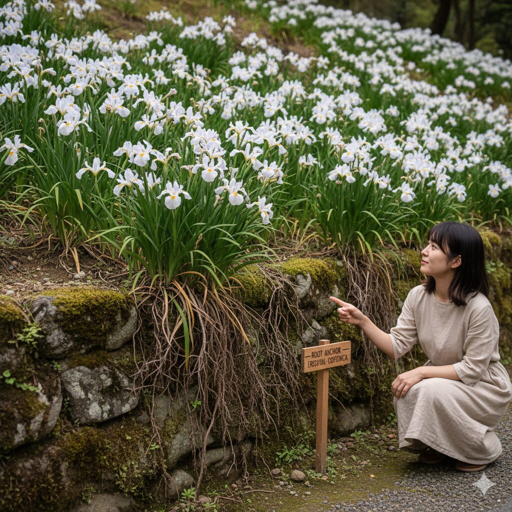 シャガ 怖い5　土留めとして機能するように、斜面の土壌を根でしっかりと覆って群生するシャガ。