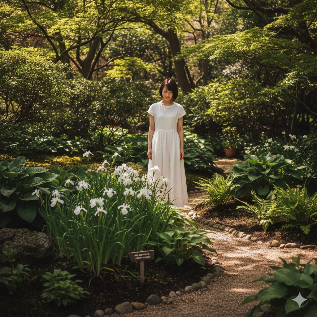 シャガ 怖い6　他の植物と組み合わせて適切に管理され、日陰の庭を美しく彩るシャガの植栽例。