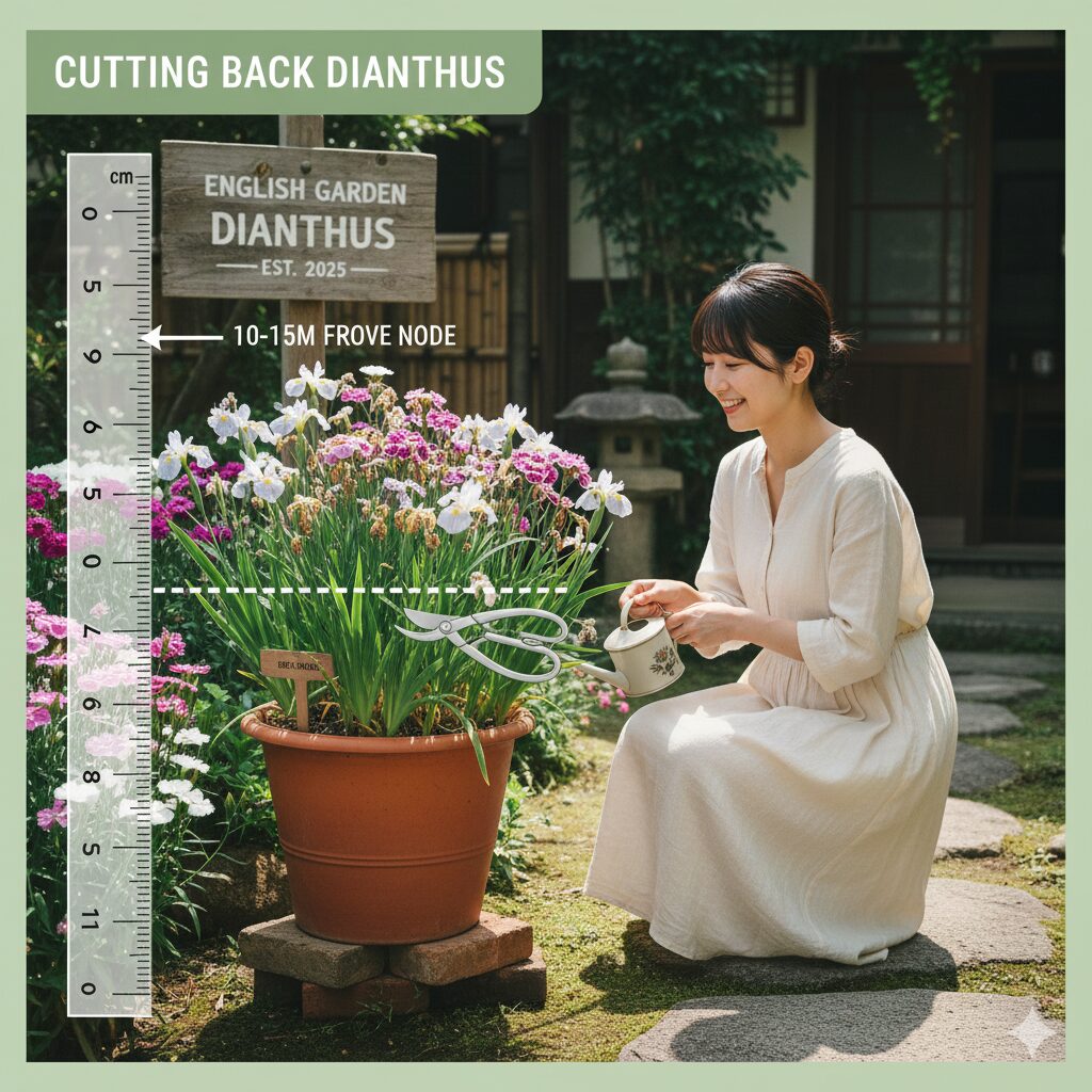 根の広がりを防ぐため、鉢植えにしてスタンドの上に置かれ管理されているシャガ。