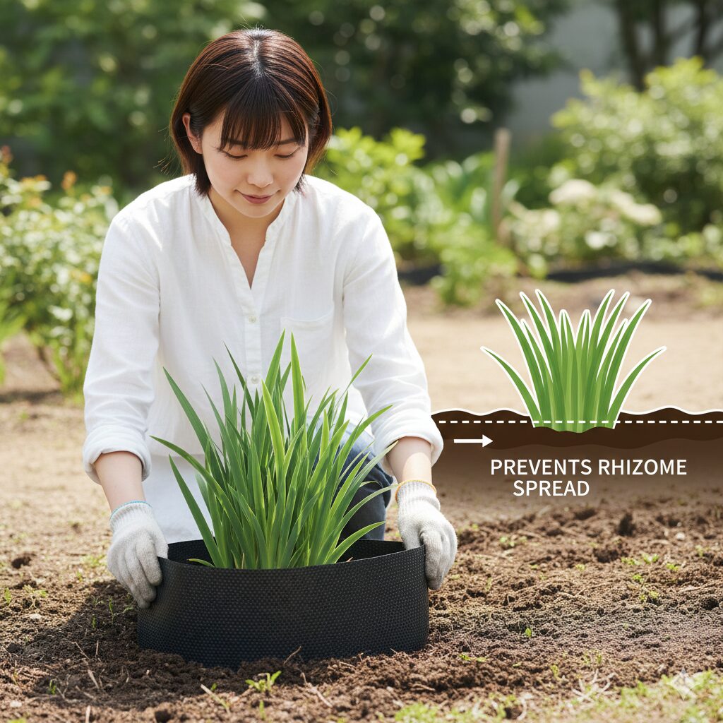 シャガ 怖い8　シャガの地下茎が広がるのを防ぐため、庭の土に根止めシートを埋め込む作業の様子。