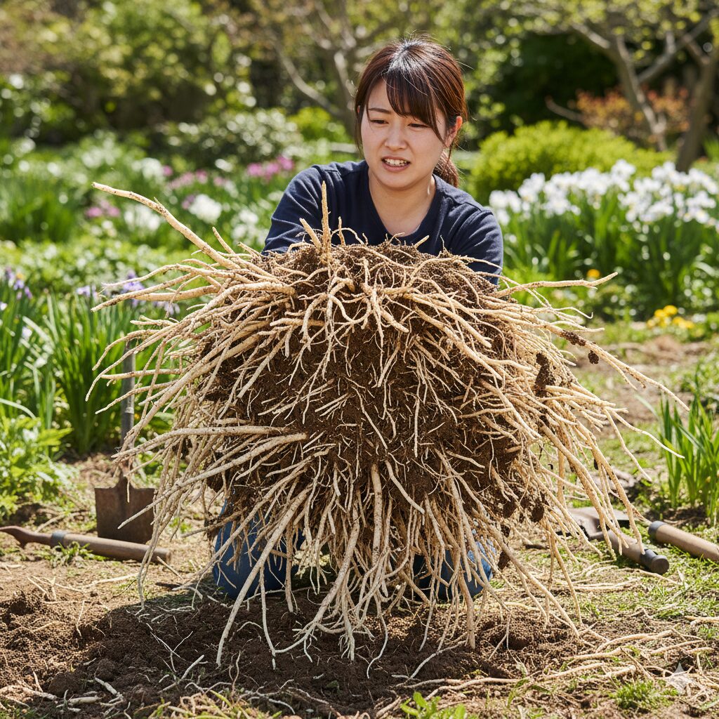 シャガ 怖い9　駆除のためにスコップで掘り起こされた、マット状に絡み合ったシャガの地下茎の塊。