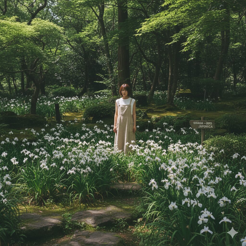 シャガ 植えては いけない1　木漏れ日の差す日陰の庭で、白い蝶のような花を咲かせ一面に群生するシャガの様子。