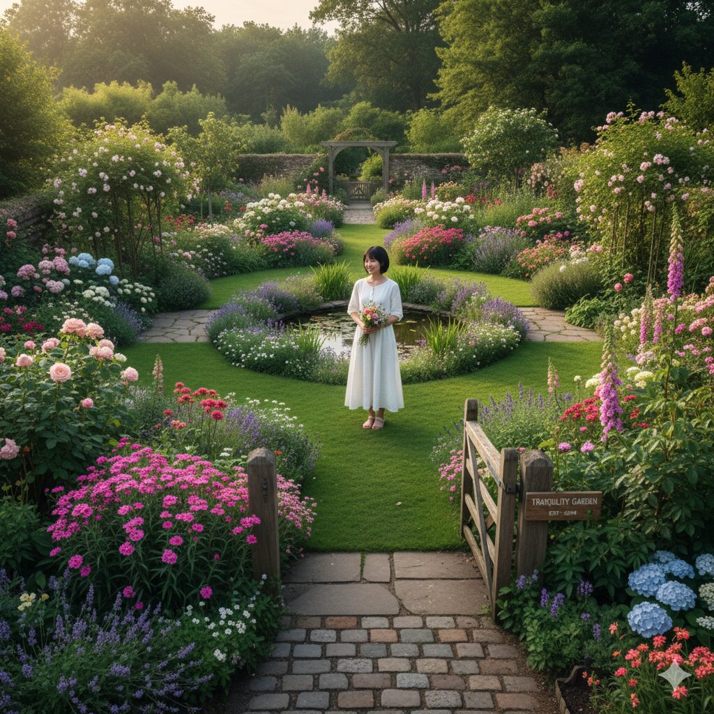 シャガ 植えては いけない10　適切な植物選びと管理によって美しく保たれた、調和のとれた個人の庭の風景。