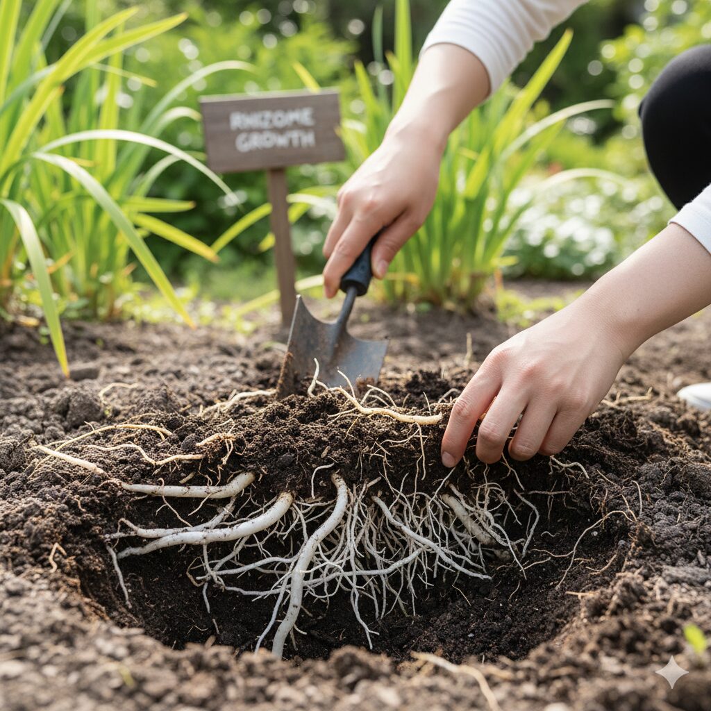 シャガ 植えては いけない2　土の中で網の目のように絡み合い、四方八方に広がるシャガの強靭な地下茎（ランナー）の様子。