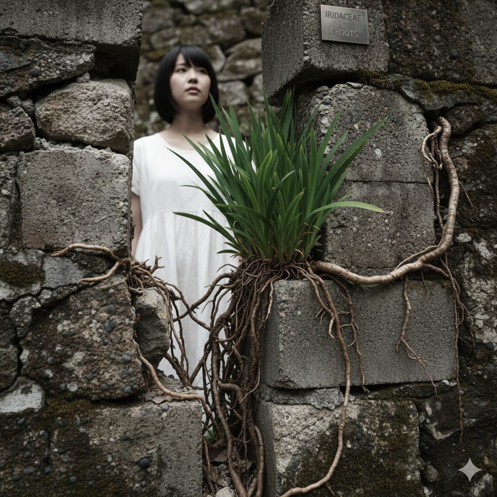 シャガ 植えては いけない3　石垣やコンクリートブロックの狭い隙間から侵入し、芽を出して広がるシャガの様子。