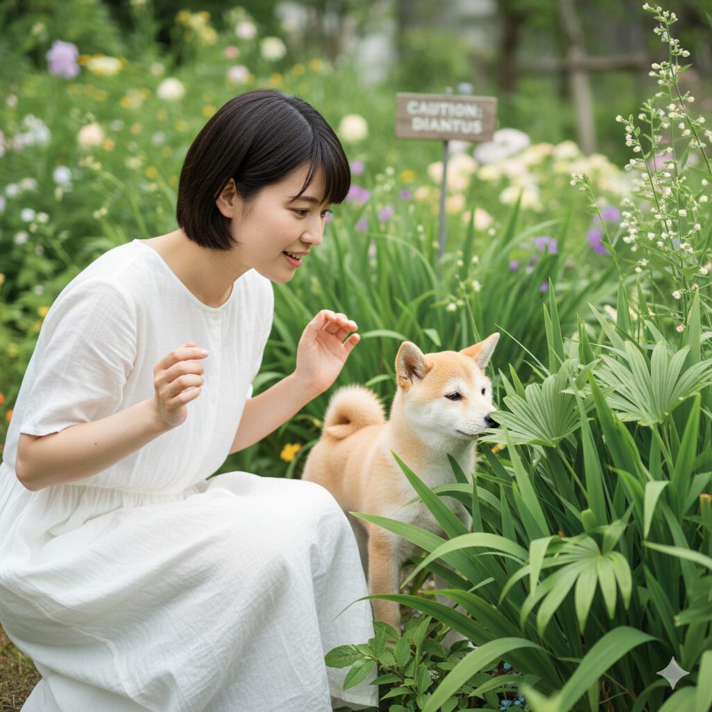 シャガ 植えては いけない4　庭の植物に興味を示し、匂いを嗅ぐ小型犬の様子。ペットの誤食事故への注意喚起。