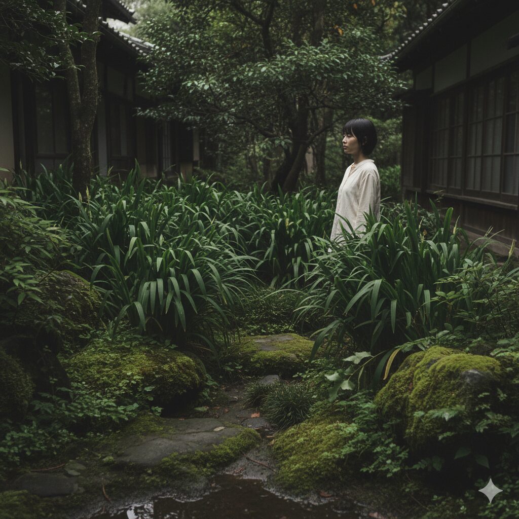 シャガ 植えては いけない5　家の北側など、湿気が多く薄暗い日陰の場所で鬱蒼と茂るシャガの群落。「陰の気」が溜まりやすい環境。