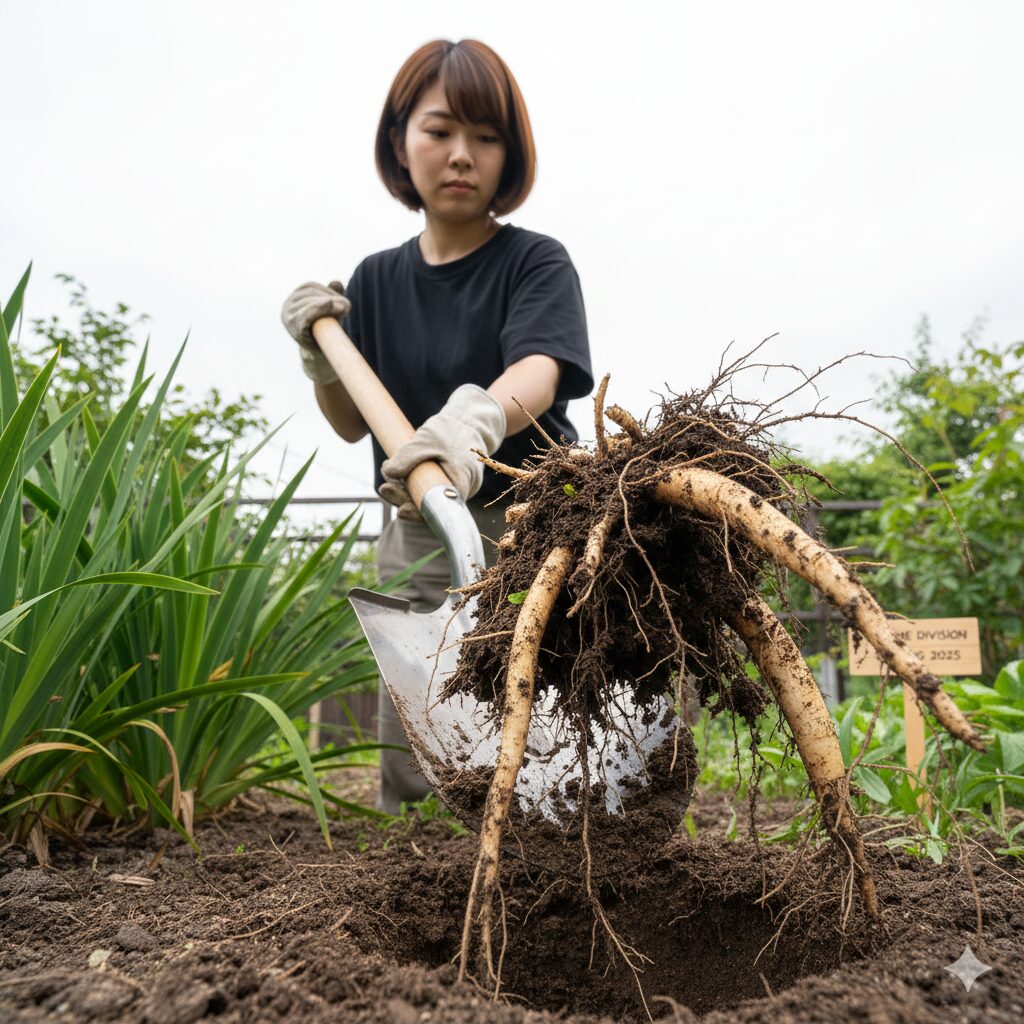 シャガ 植えては いけない6　剣先スコップを使い、地下茎を残さないよう土ごと深く掘り起こすシャガの物理的駆除作業の様子。
