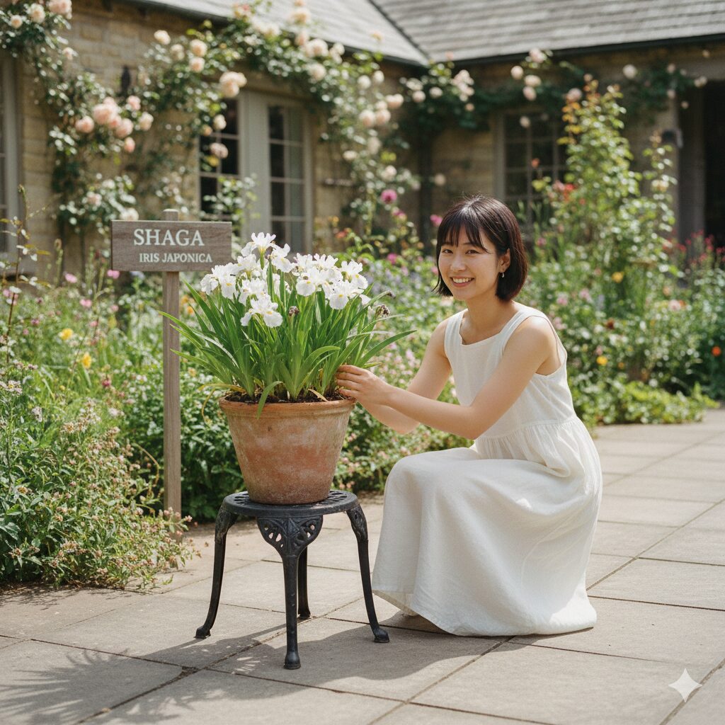 シャガ 植えては いけない8　根が地面に逃げないよう、コンクリートの上に置かれたフラワースタンドで管理されるシャガの鉢植え。