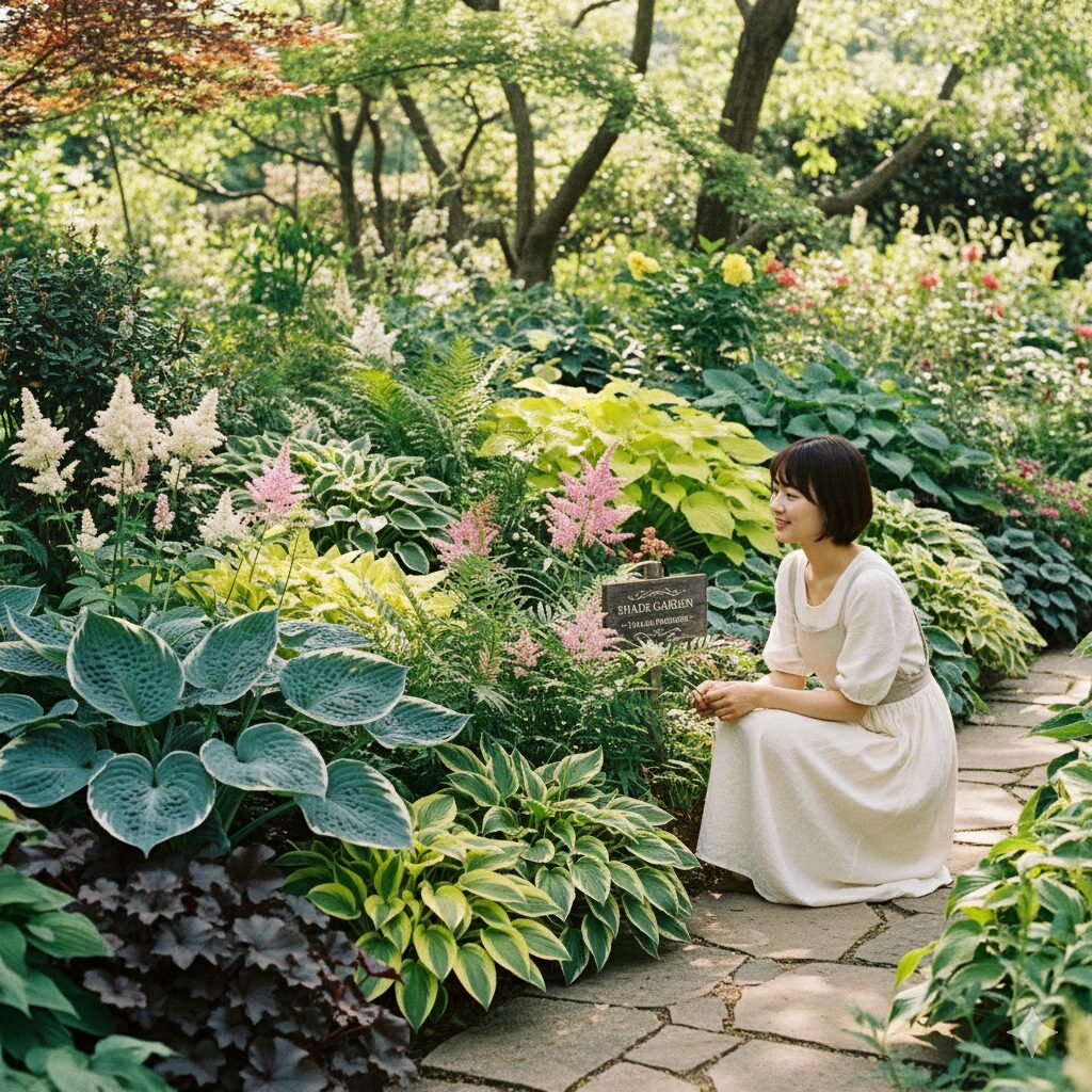 シャガ 植えては いけない9　シャガの代わりとして日陰の庭を明るく彩る、多様な葉色のギボウシ（ホスタ）を使った美しいシェードガーデンの植栽例。