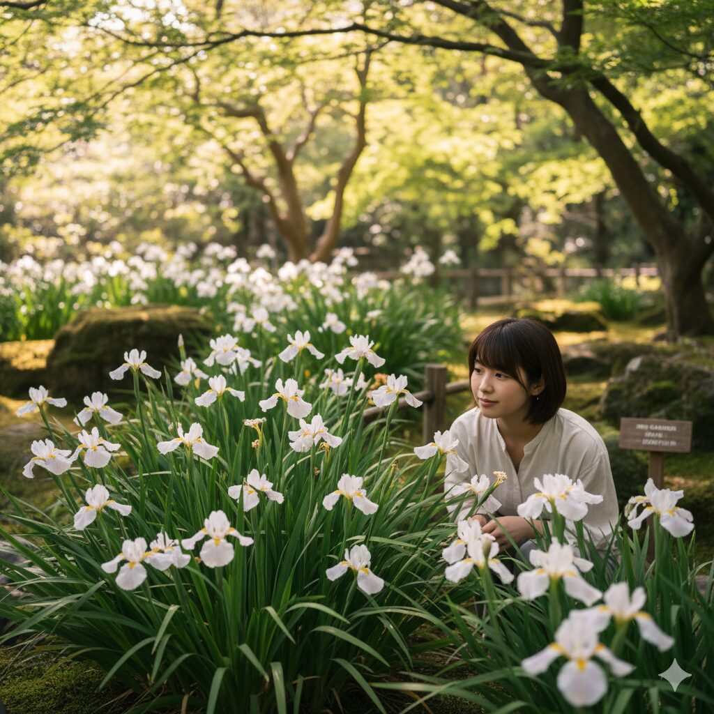 シャガ 葉 切る1　木漏れ日の当たるシェードガーデンで、適切に管理され健康的に葉を茂らせ美しい花を咲かせているシャガの群生