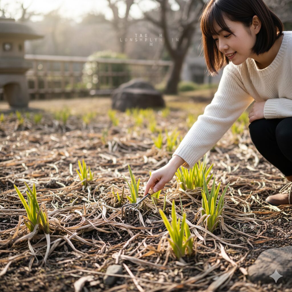 シャガ 葉 切る2　冬の寒さで枯れたシャガの古葉の間から、春に向けて萌芽したばかりの鮮やかな黄緑色の新芽が顔を出している様子