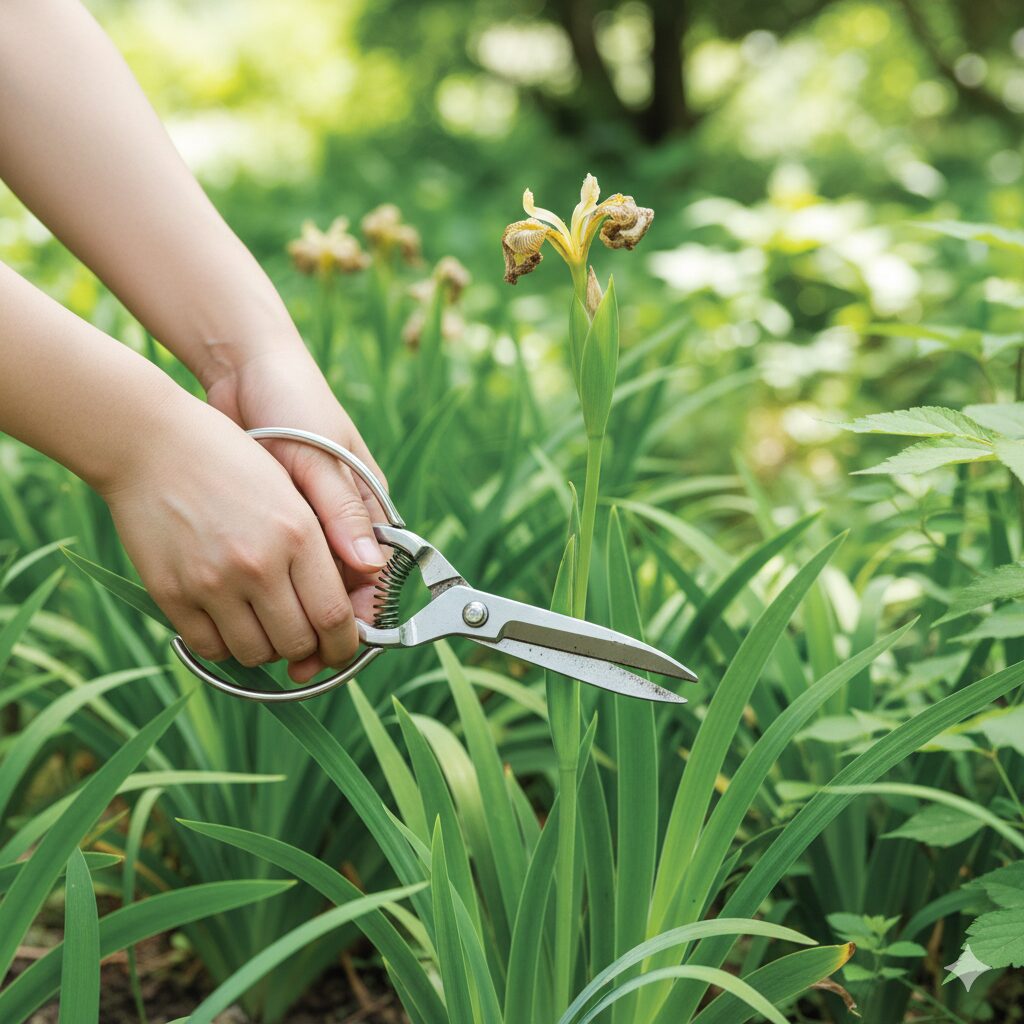 シャガ 葉 切る4　梅雨前の病気予防のため、シャガの咲き終わった花茎を根元から園芸用ハサミで切り取っている様子