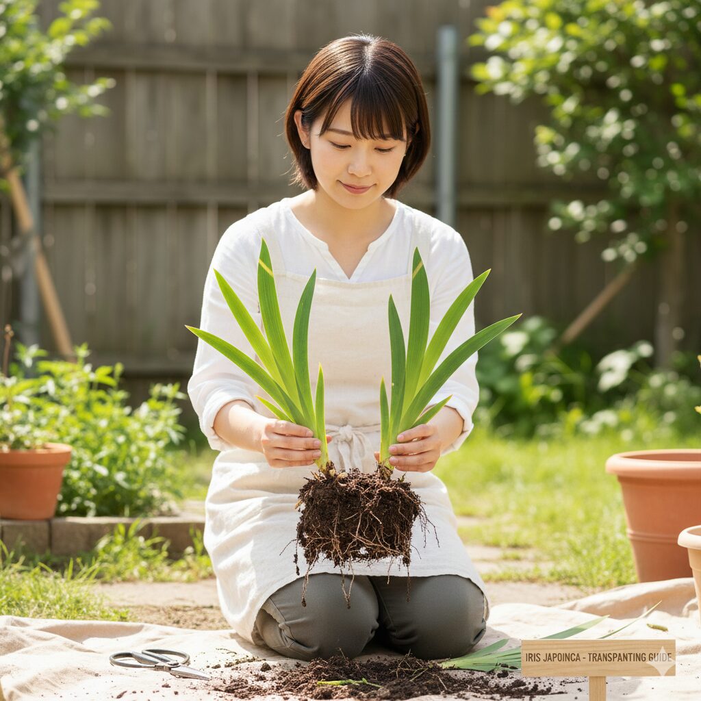 シャガ 葉 切る5　植え替え時の根への負担を減らすため、葉の長さを半分程度に扇形に切り戻して蒸散を抑える処理をしたシャガの株