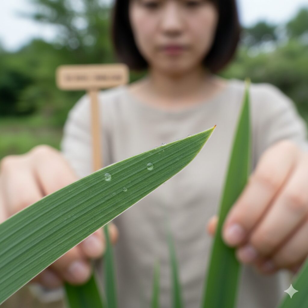 シャガ 葉 切る6　雨水が溜まって腐敗するのを防ぐために、水平ではなく45度の角度で斜めにカットされたシャガの葉の断面図