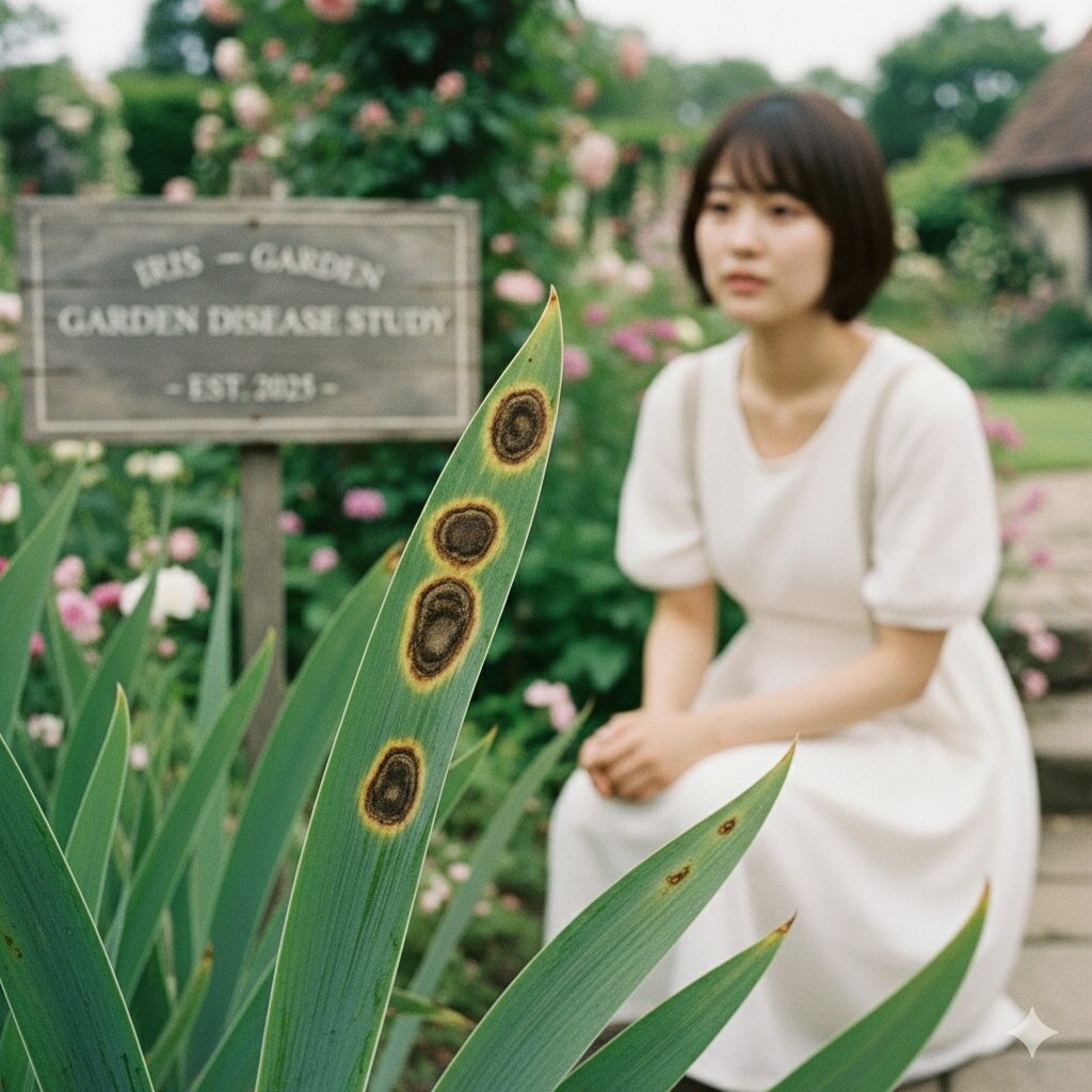 シャガ 葉 切る8　シャガの葉に発生した褐斑病と思われる茶褐色の円形の斑点。病気のサインを示すクローズアップ画像