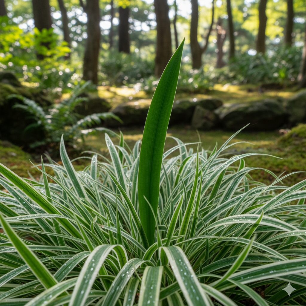 シャガ 葉 切る9　斑入りのシャガの株の中に混じって生えてきた、斑が入っていない先祖返りした真っ緑の葉の様子