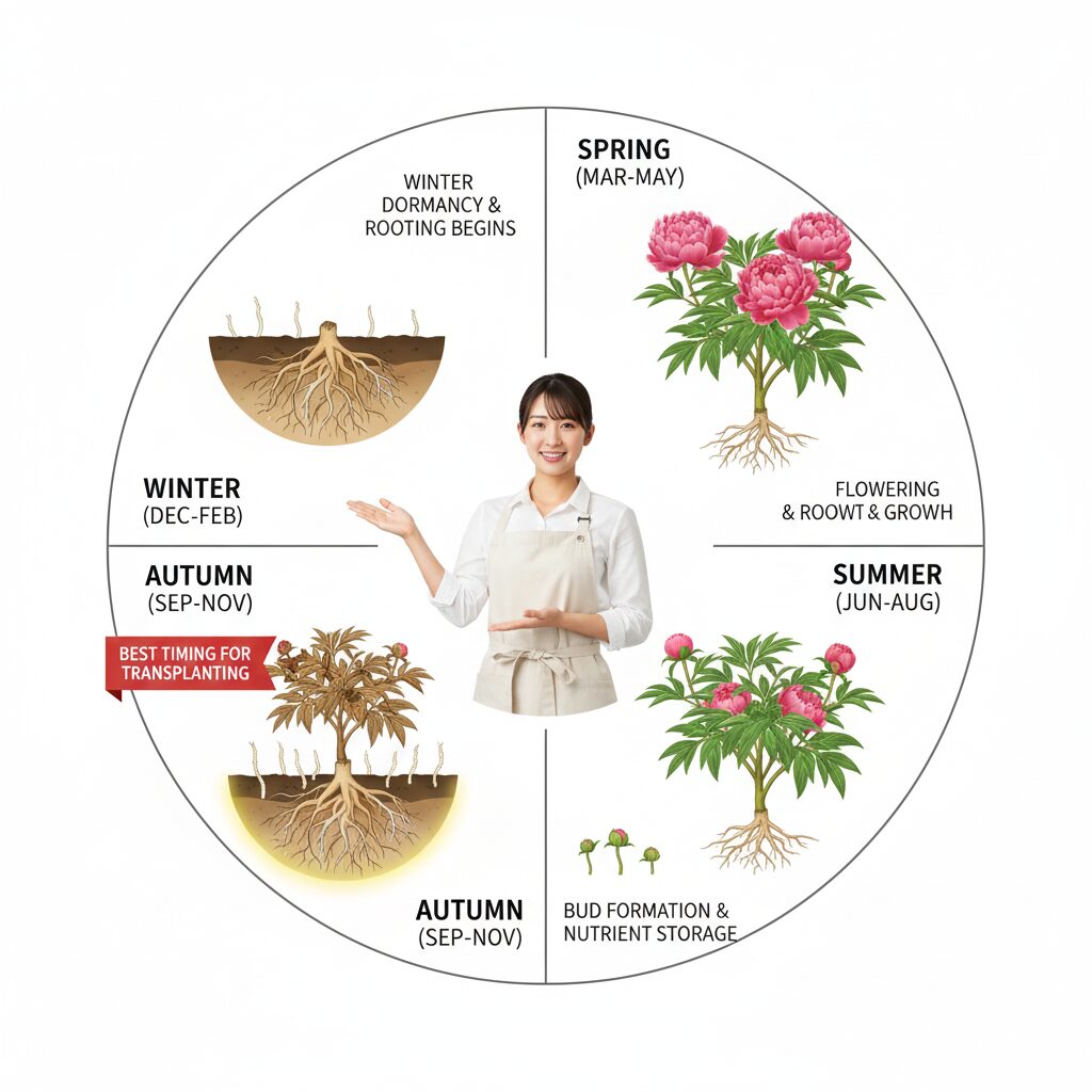 シャクヤク植え替え時期1 シャクヤクの年間成長サイクル図:9月から11月の秋が植え替えに最適な時期であることを示す生理学的チャート