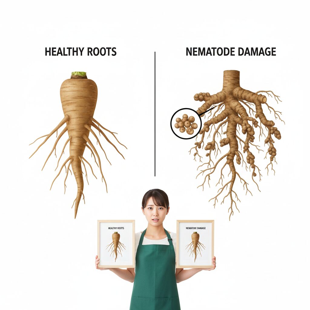 シャクヤク植え替え時期10 シャクヤクの病害虫チェック:健康な根とネコブセンチュウ被害根の特徴比較図