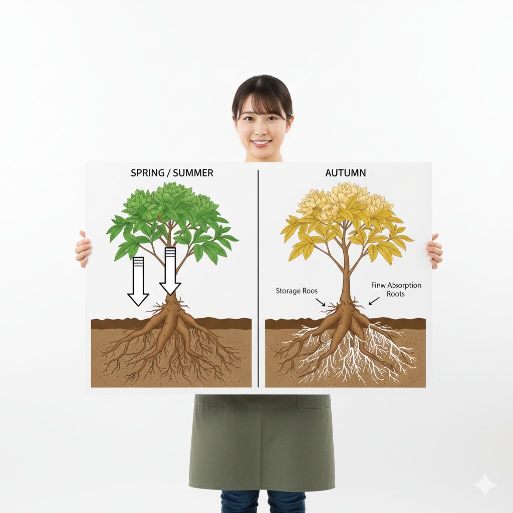 シャクヤク植え替え時期2 植物生理学に基づくシャクヤクのエネルギー循環図:秋に新しい吸収根が成長するメカニズム