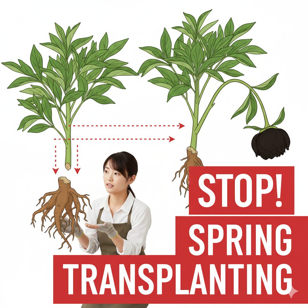 シャクヤク植え替え時期3 春の植え替えによる失敗例:根の損傷によるエネルギー供給遮断とシャクヤクの落蕾(らくらい)現象