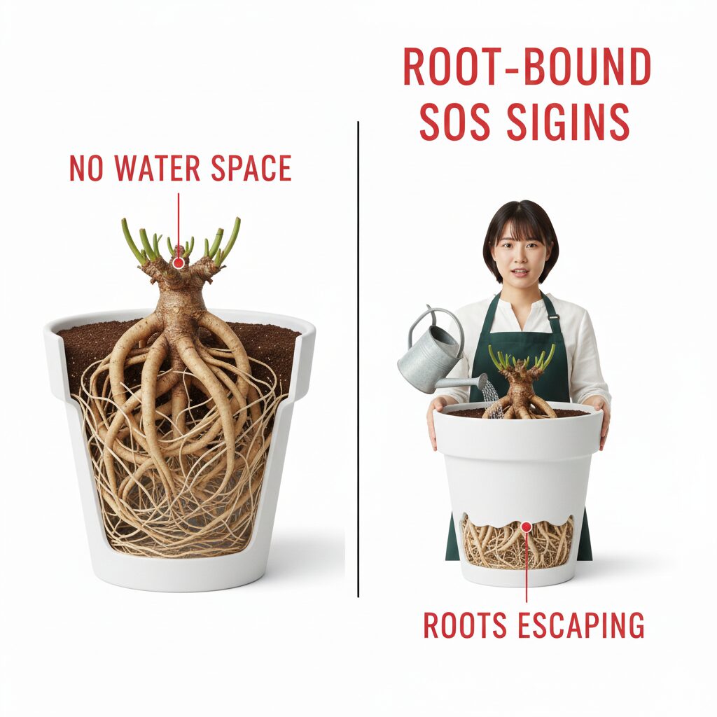 シャクヤク植え替え時期5 シャクヤク鉢植えの根詰まりサイン:植え替えが必要な状態を示す鉢内部の断面図