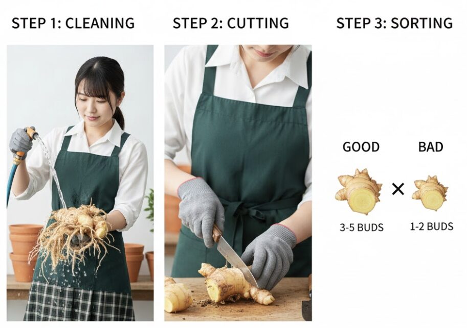 シャクヤク植え替え時期6 失敗しないシャクヤクの株分け方法:適切な芽数(3〜5芽)と切断の手順図解