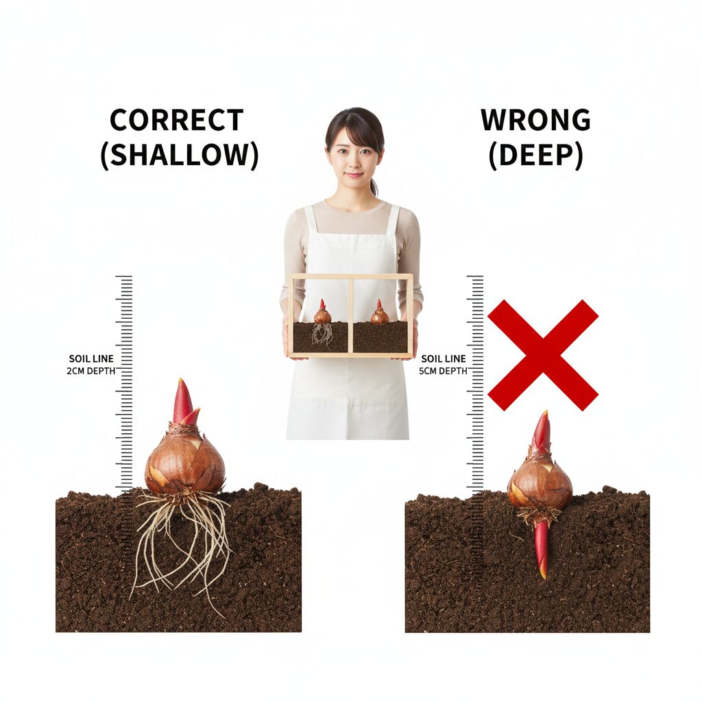 シャクヤク植え替え時期7 シャクヤク植え付けの深さ比較図:花を咲かせるための「浅植え(芽の上2-3cm)」の正解例
