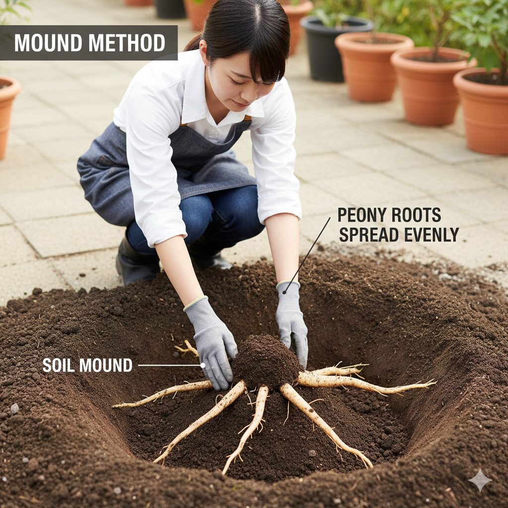 シャクヤク植え替え時期8 根を健康に育てる「山型メソッド」:土を盛って根を広げるシャクヤクの植え付け手順図