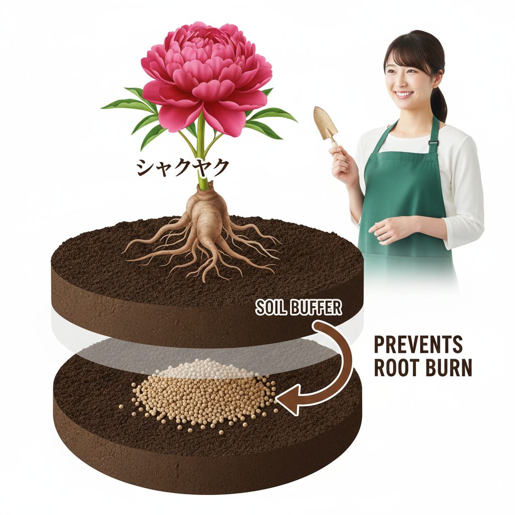 シャクヤク植え替え時期9 肥料焼けを防ぐ元肥の入れ方:シャクヤクの根と肥料の適切な配置を示す断面図