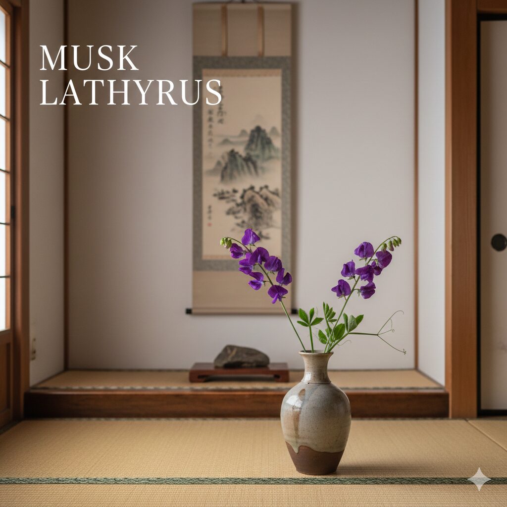 スイートピー 和名2 和室の床の間に飾られ「麝香連理草」という和名の風情を感じさせる紫のスイートピー