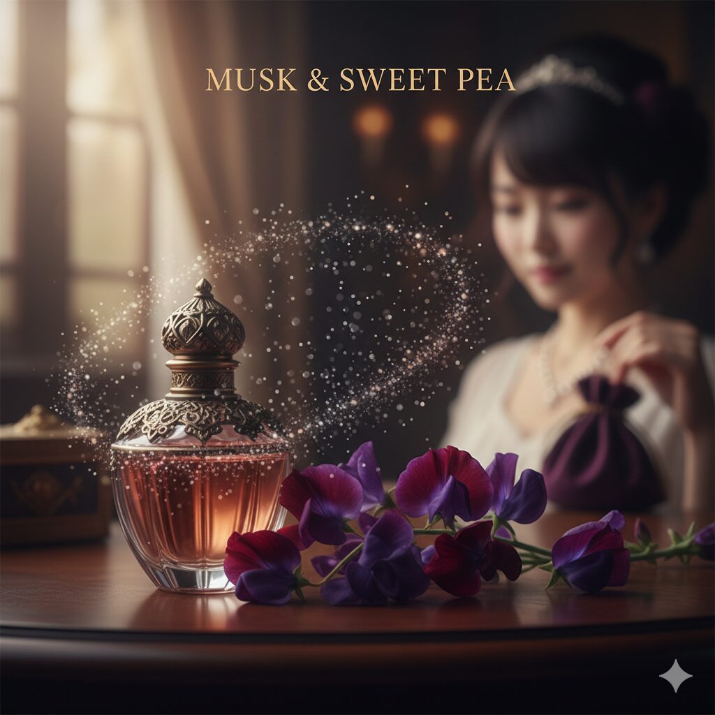 スイートピー 和名3 和名にある「麝香(ムスク)」のような芳醇な甘い香りをイメージさせるスイートピーと香水瓶