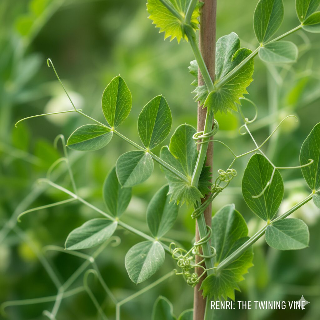スイートピー 和名4 和名「連理草」の由来となった支柱に強く絡みつくスイートピーの巻きひげのアップ
