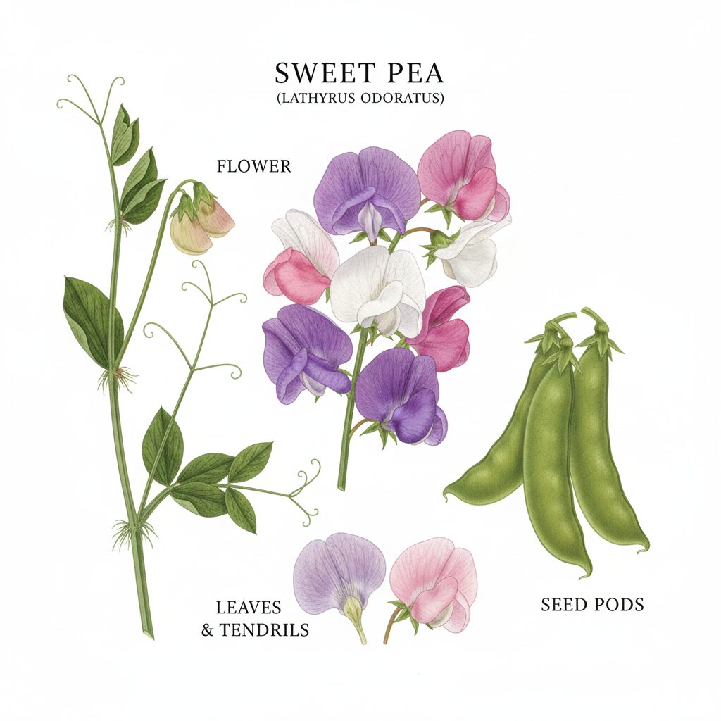 スイートピー 和名5 マメ科特有の蝶形の花とエンドウ豆に酷似した鞘を持つスイートピー(別名:麝香豌豆)