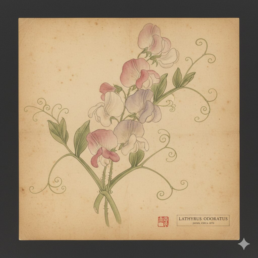 スイートピー 和名6 江戸時代末期に日本へ渡来した当時の姿を描いたようなスイートピーの古典的な植物画