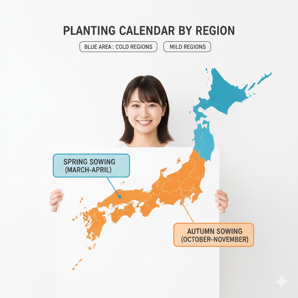 スイートピー 種まき時期1　日本地図で解説するスイートピーの地域別種まきカレンダー（寒冷地は春まき、暖地は秋まき）