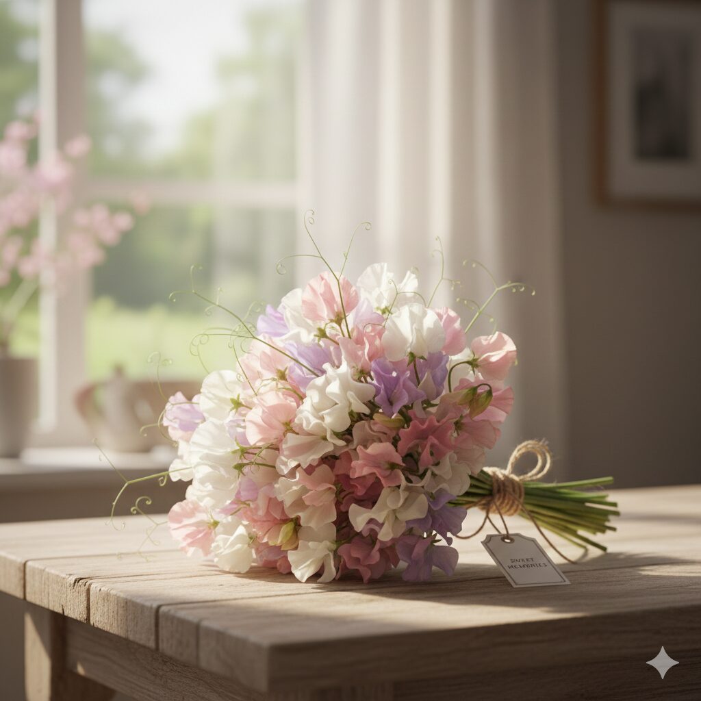 スイートピー 種まき時期10　「門出」の花言葉を持つピンクと白のスイートピーのブーケ。卒業や入学祝いのギフトイメージ