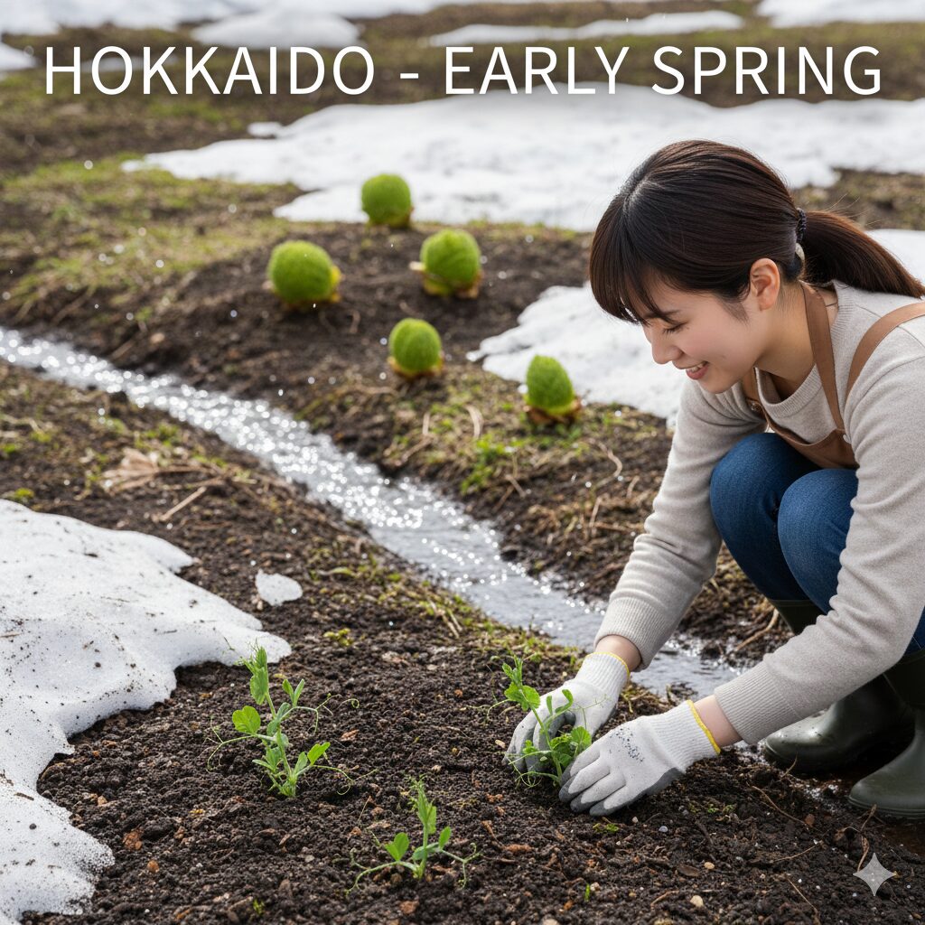 スイートピー 種まき時期2　寒冷地の3月〜4月、雪解けの土から発芽したばかりのスイートピーの苗