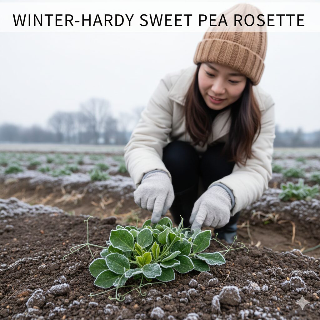 スイートピー 種まき時期3　暖地での秋まき栽培における冬越し中のスイートピー。ロゼット状に葉を広げ寒さに耐える健康な苗の姿